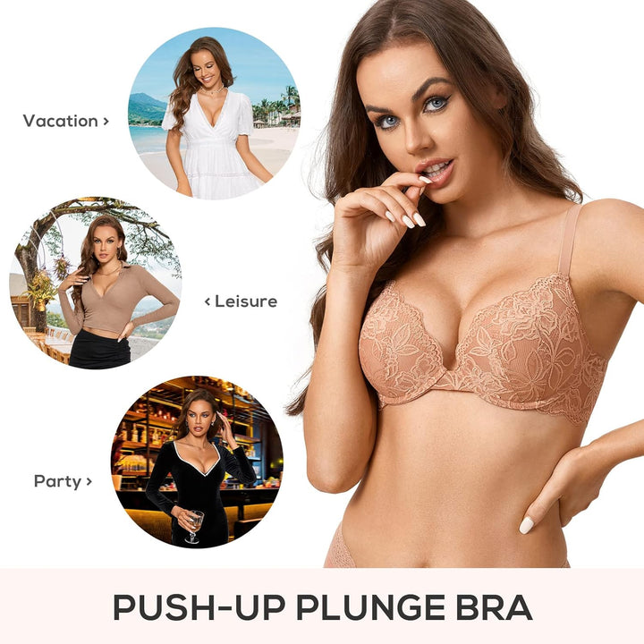 DOBREVA Damen Push Up BH Mit Spitze Gepolstert Plunge Bügel Vollschalen BHS Gemoldete Cups 85C Sahne