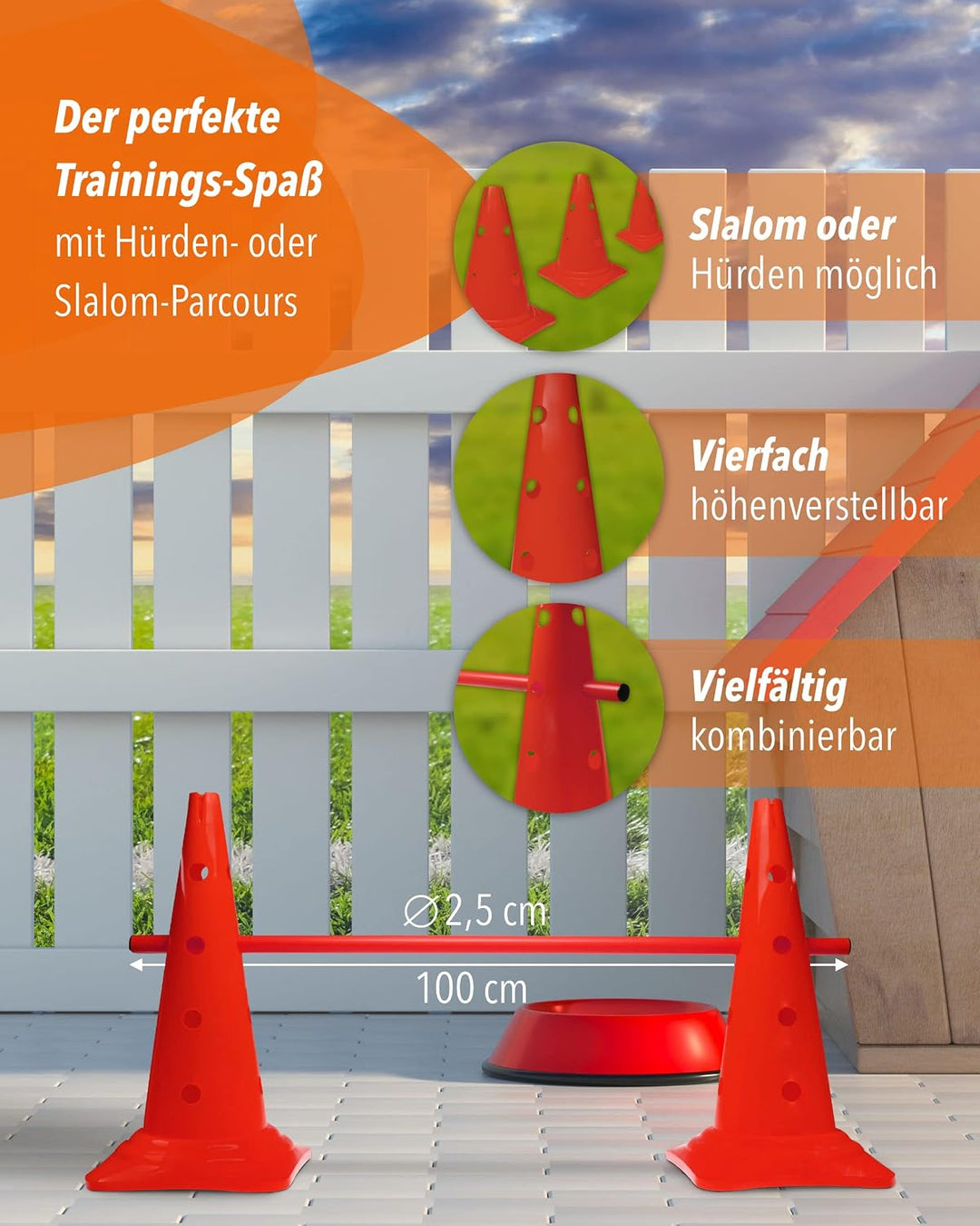 Kombi Kegel-Hürde – Steckhürde für Agility Training – Sprung- &amp; Slalom-Hütchen für Hund, Sport, Pfer