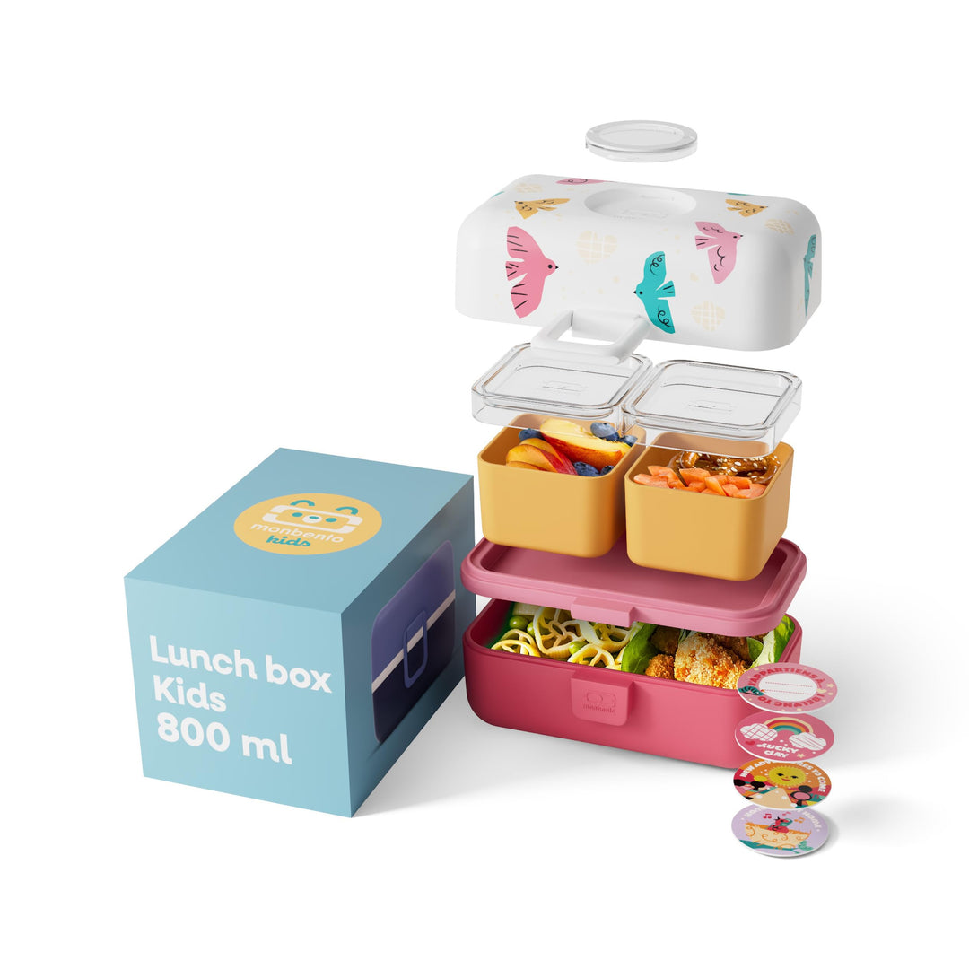 monbento - Lunchbox Kinder MB Tresor rosa Birds - Brotdose Kinder mit 3 Fächern - Ideal für Mittages