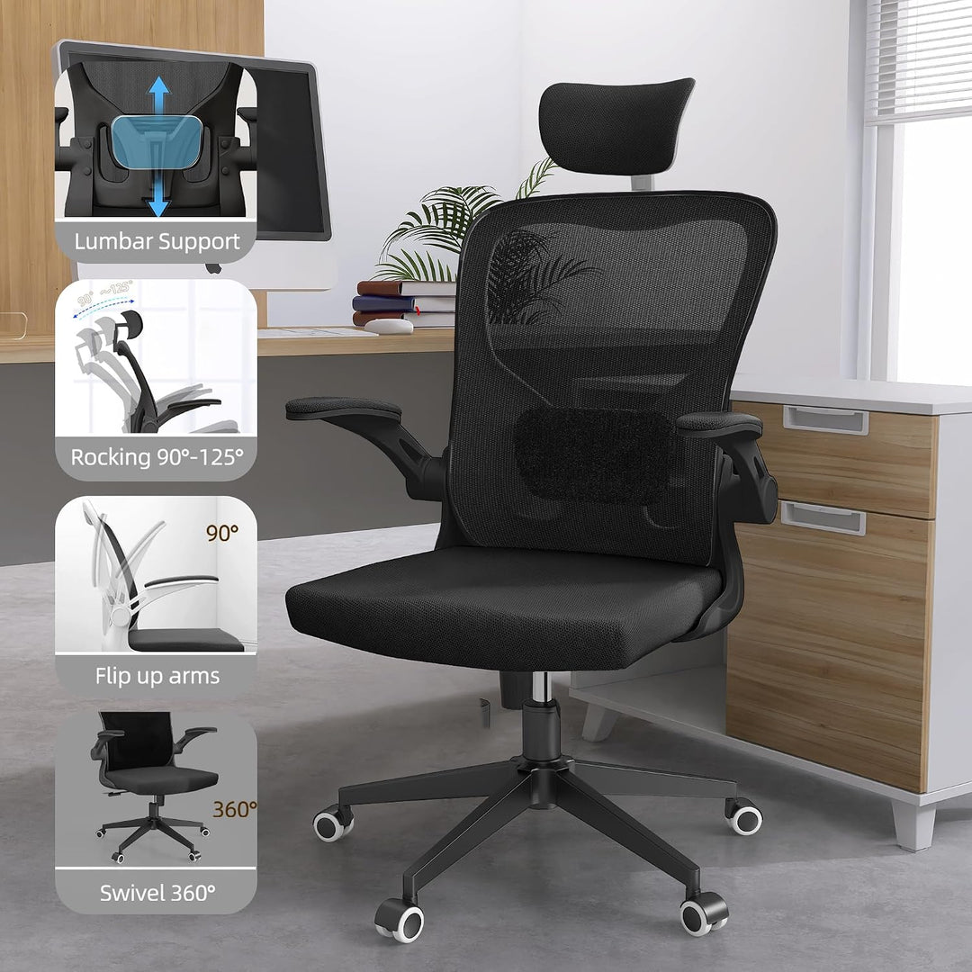 Monhey Ergonomischer Bürostuhl – Verstellbarer Schreibtischstuhl mit Lendenstütze, Kopfstütze, klapp