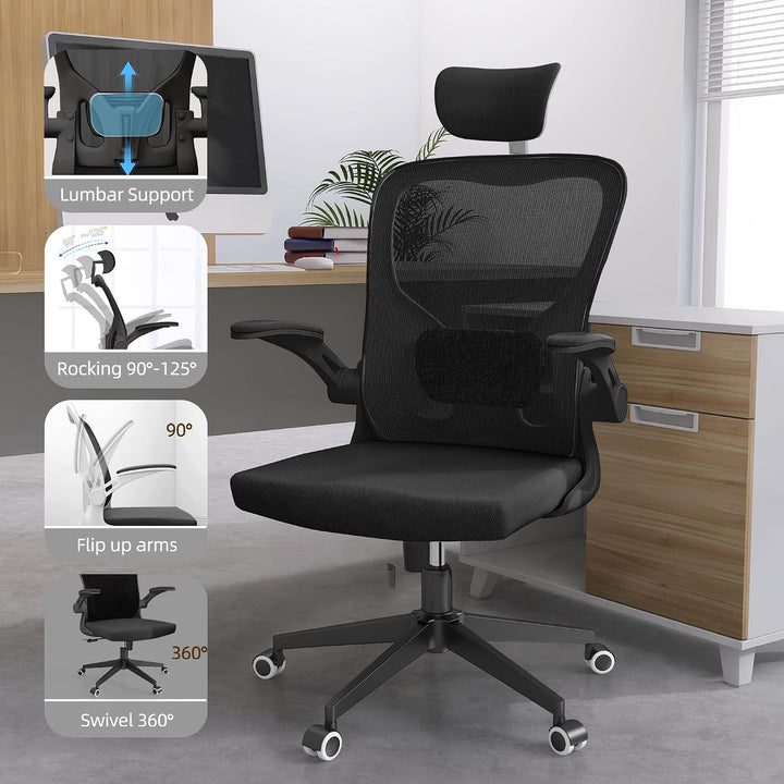 Monhey Ergonomischer Bürostuhl – Verstellbarer Schreibtischstuhl mit Lendenstütze, Kopfstütze, klapp