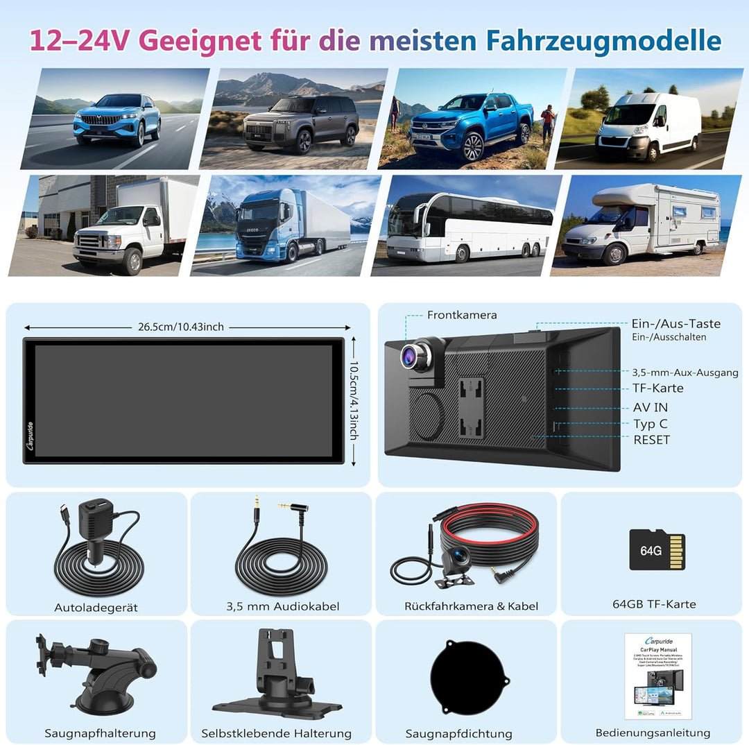 Carpuride Tragbares Kabelloses Carplay und Android Auto mit Dashcam-W125A 11,26-Zoll-HD-IPS-Bildschi