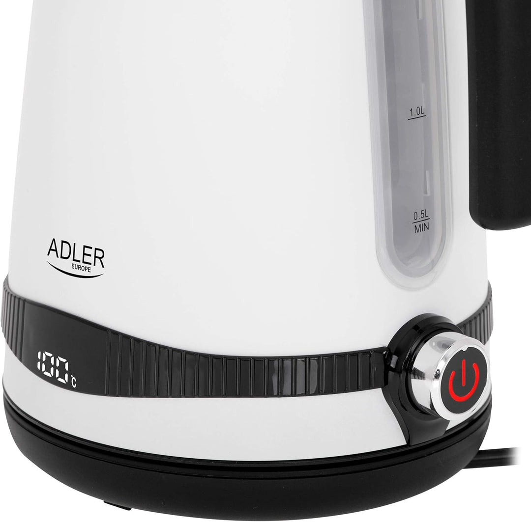 Adler AD 1295w Wasserkocher weiss seidenmatt 1,7 Liter mit LCD-Anzeige und Temperaturregelung 2200W