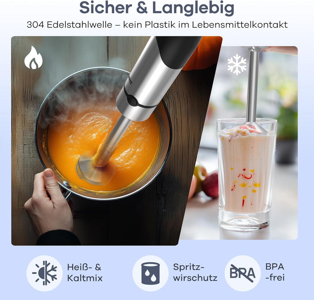 Ganiza Pürierstab 5-en-1, 1200W Stabmixer mit Geschwindigkeitsregelung & Turbo-Modi, Edelstahl Hand