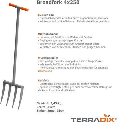 Grabegabel TERRADIX® 4x250 - optimale Tiefenlockerung und Belüftung von Beeten - für einen erfolgrei
