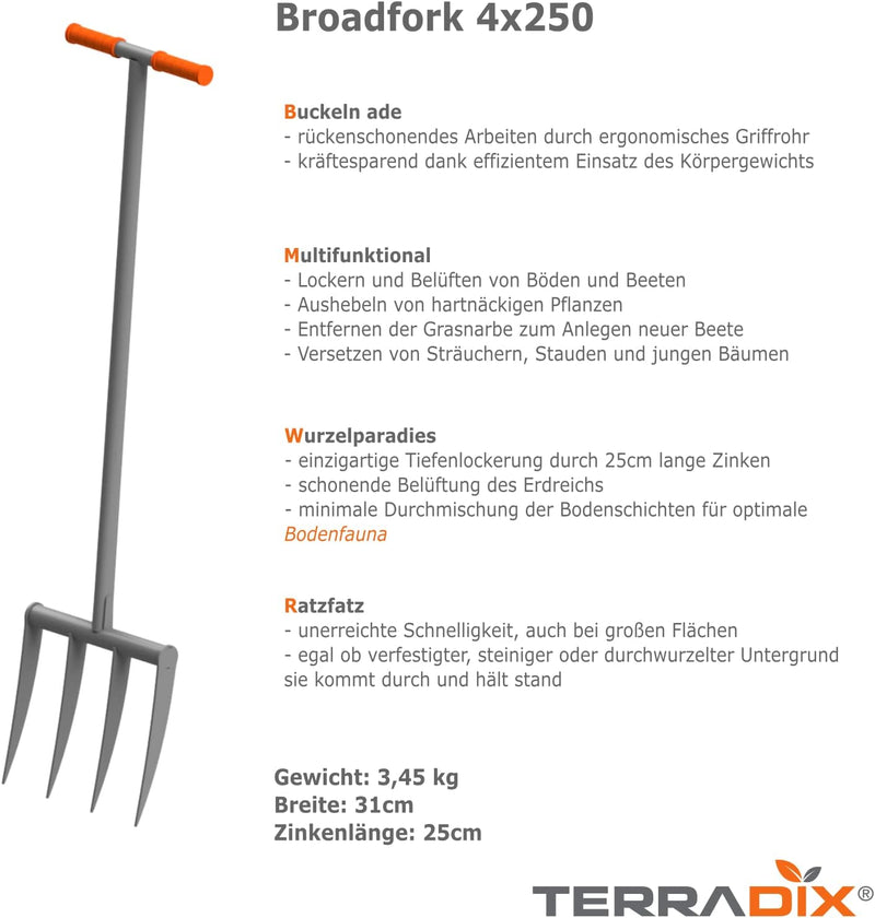 Grabegabel TERRADIX® 4x250 - optimale Tiefenlockerung und Belüftung von Beeten - für einen erfolgrei