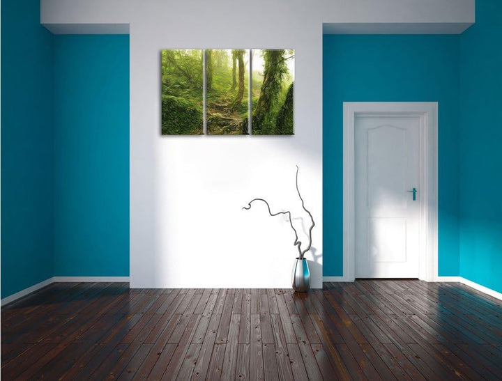 Pixxprint Unberührter Regenwald Bunstift Effekt 3-Teiler Leinwandbild 120x80 Bild auf Leinwand