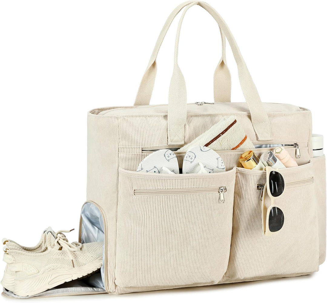 Makukke Strandtasche XXL, Cord Weekender Damen mit Schuhfach, Gross Faltbar Badetasche mit Reissvers