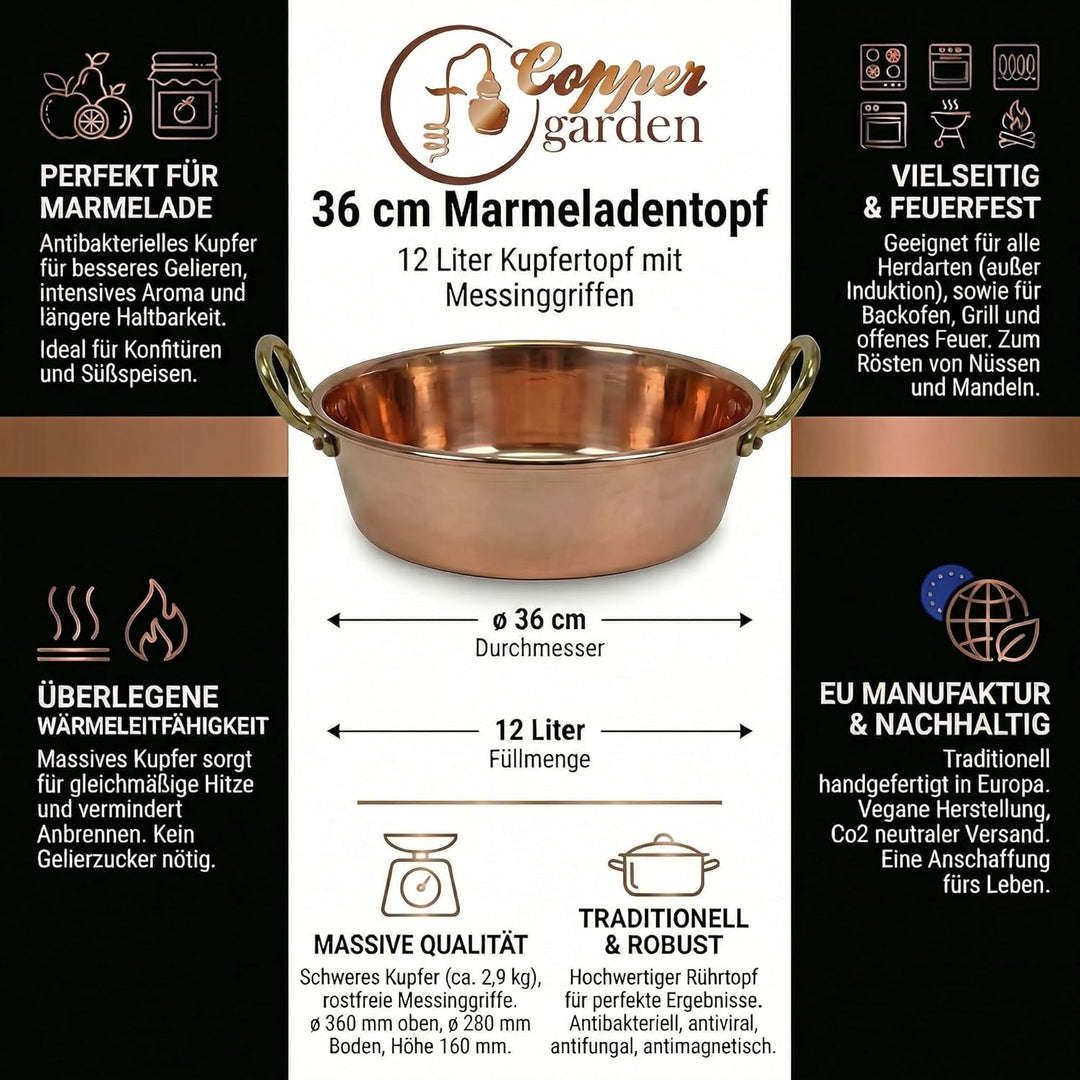 CopperGarden Sossen- & Marmeladentopf 12 Liter I Kochtopf aus Kupfer mit 36 cm Durchmesser I grosser