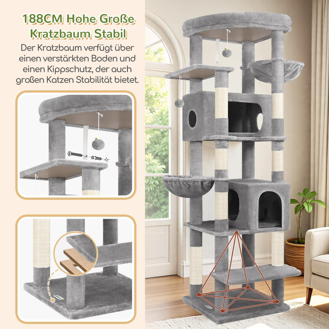 Globlazer Kratzbaum Grosse hoch 188 cm mit 2 Grosser Katzenhaus, Gepolsterte Plattform, 2 Katzenkorb