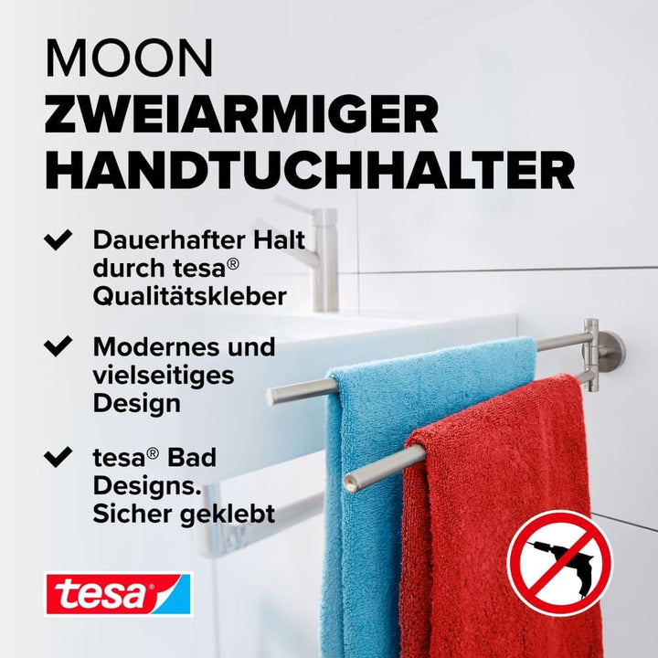 tesa Moon Bad Handtuchhalter, 2-armig und schwenkbar, verchromt - zur Wandbefestigung ohne Bohren, i