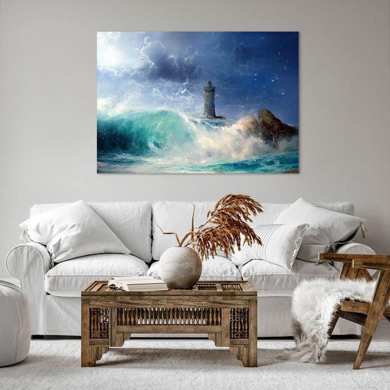 Bilder auf Leinwand 100x70cm Leinwandbild mit Rahmen Leuchtturm Meer Gross Wanddeko Bild Schlafzimme