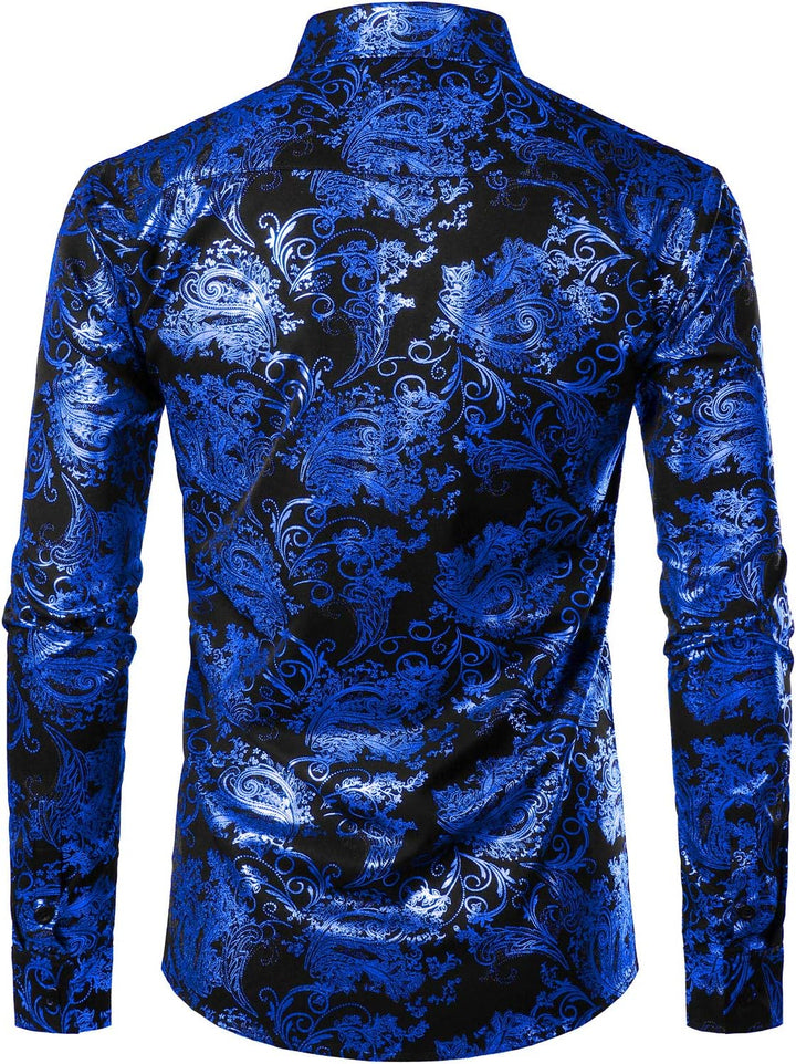PARKLEES Herren Luxus Paisley Gemustert Golden Glänzend Slim Fit Freizeithemd L Schwarz Royal Blau,
