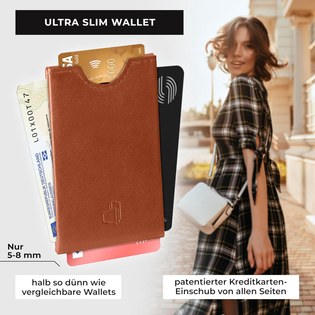 W4LLET® Card Holder Wallet, Ultra dünn [braun, Glattleder] 2X Kartenetui RFID Schutz | Handmade in G