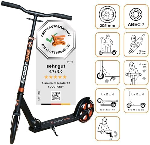 Scoot One Aluminium Scooter S 1 / S 2 – höhenverstellbarer Aluminiumroller Scooter Roller ABEC 7 Ora