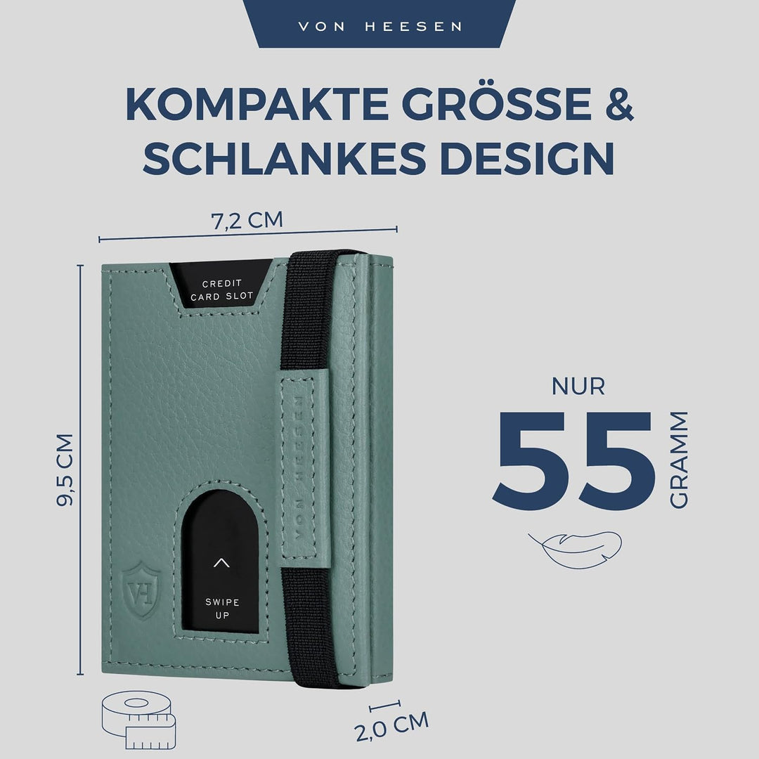 VON HEESEN Leder Slim Wallet - Geldbeutel mit RFID Schutz - Mini Geldbörse für Herren und Damen - Ka