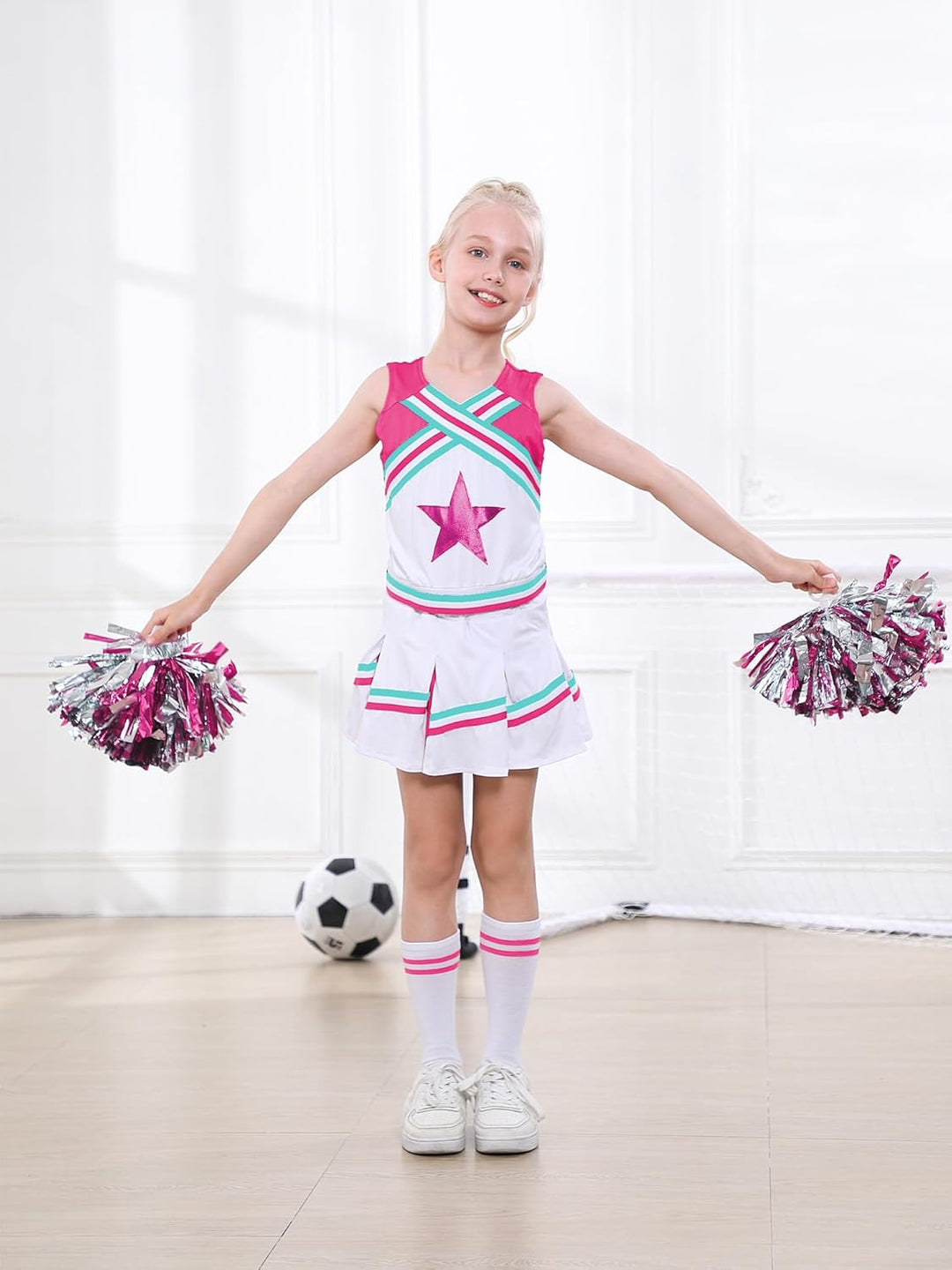 LOLANTA Mädchen Karneval Kostüm, Cheerleader kleid mit Pompoms und Socken, Mittelschule Cheerleading
