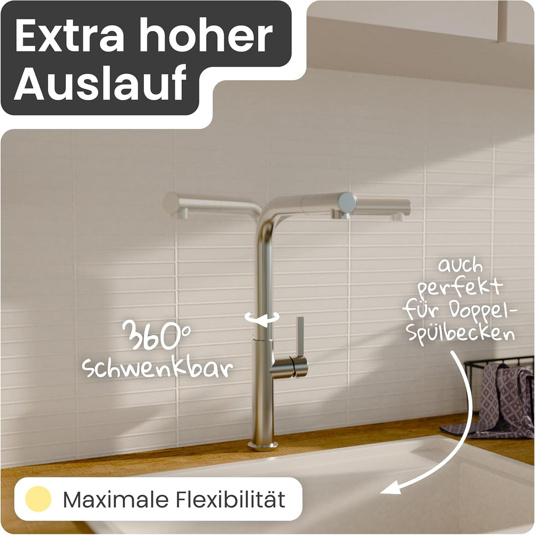 instmaier Cassia | Küchenarmatur mit herausziehbarem Auslauf | Edelstahl | Wasserhahn Küche 360° sch