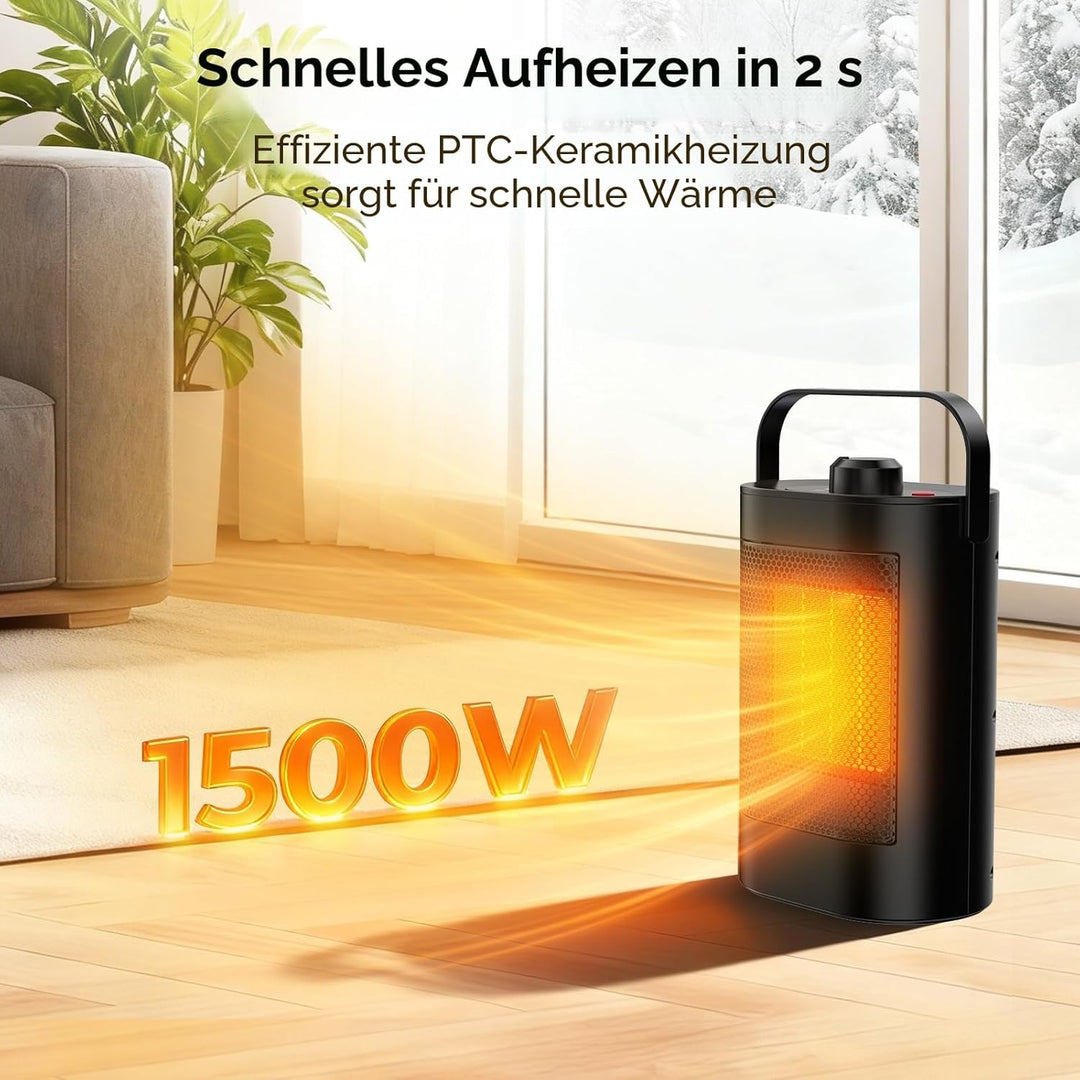 Heizlüfter Energiesparend,1500W PTC Keramik Heizung Elektrisch,3-Stufen-Modus, Überhitzungs- & Kipps