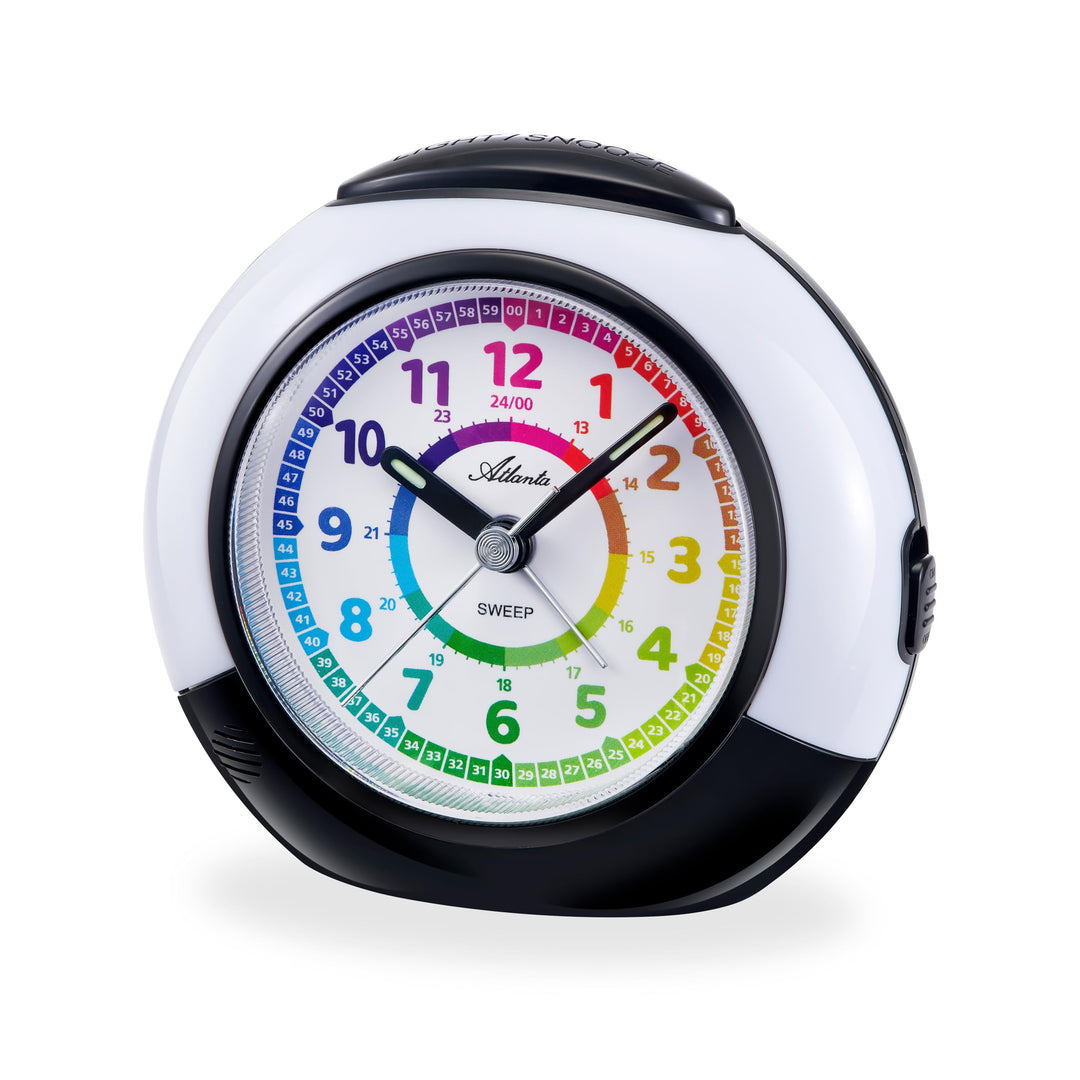 Atlanta Kinderwecker ohne Ticken mit Lernzifferblatt Licht Snooze Quarzwecker - 2147/0 (Weiss/Schwar