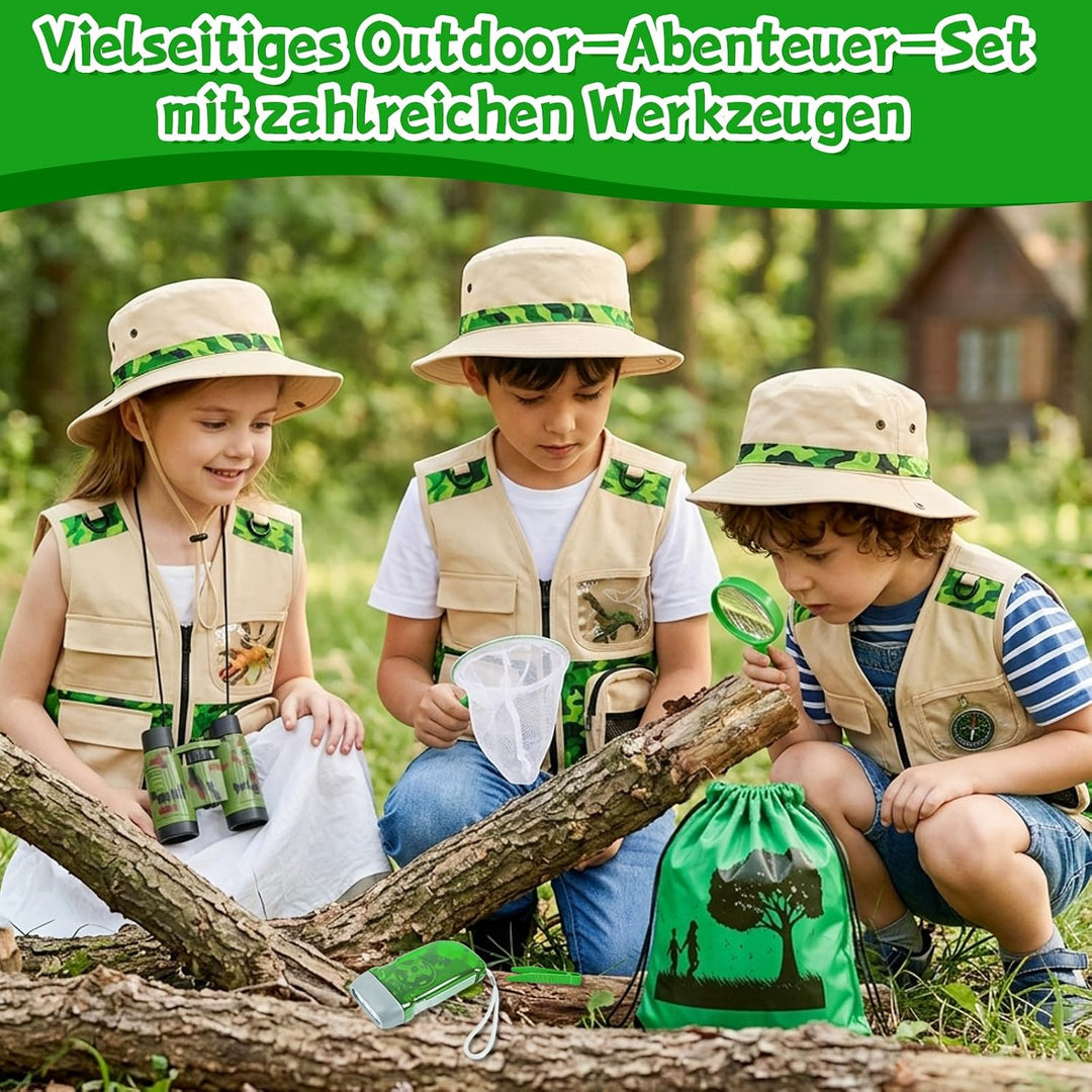 11 Pcs Forscherset für Kinder, Safari Kostüm mit Umfangreichem Zubehör Grün | Safari Kostüm-Set für