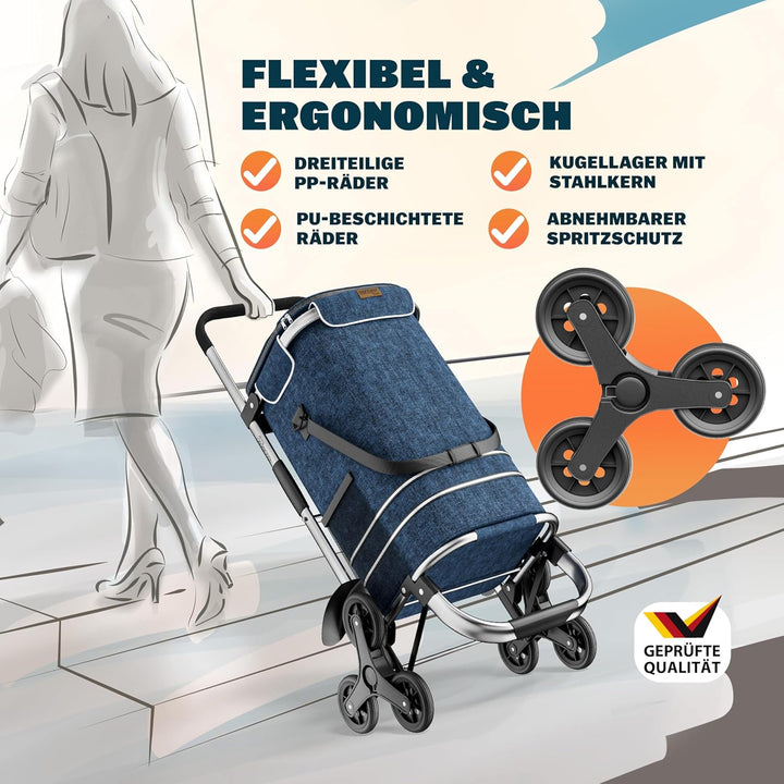 MONZANA® 2in1 Einkaufstrolley 38 L Klappbar Abnehmbare Tasche 6 Rollen Tragegurt Treppensteiger Eink
