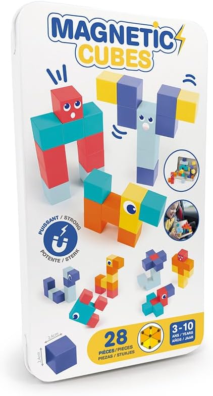 LUDI – Magnetische Würfel – Magnetisches Konstruktionsspiel für unterwegs – 28 Magnetwürfel – Metall