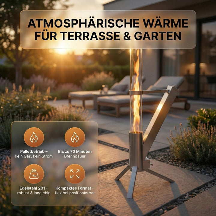 Albatros hochwertige Pelletfackel aus Edelstahl | Raketenofen für den Garten | mit Glas Feuerrohr |