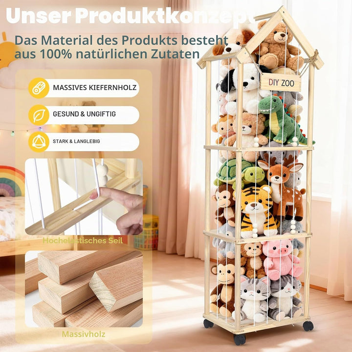 Aufbewahrung Kuscheltiere, 146x42x32CM Massivholz, 360° Drehbar und Arretierbar Plüschtier Aufbewahr