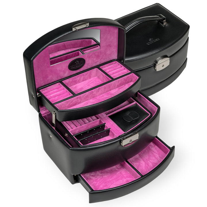 Windrose Automatik-Schmuckkoffer mit Reiseeinsatz/Merino Moda (schwarz-pink), Schwarz-pink