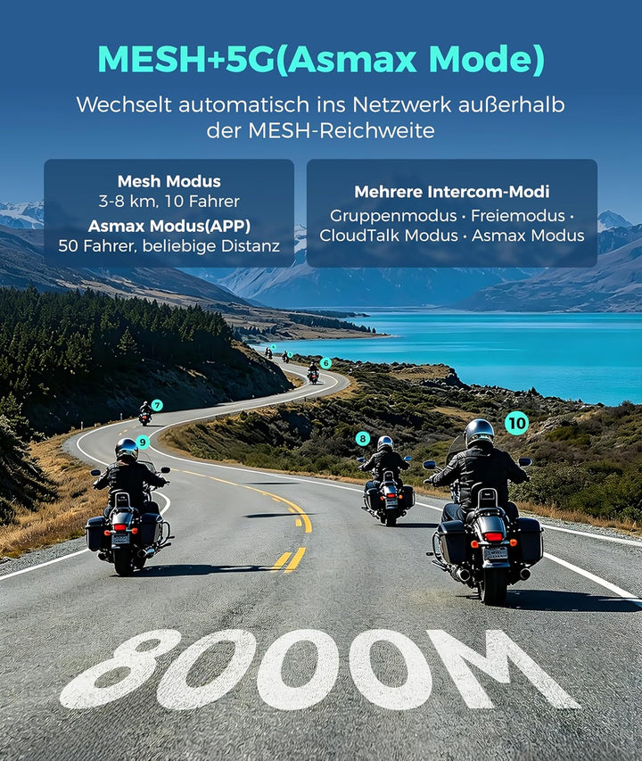 ASMAX F1s Motorrad Headset mit Sprachsteuerung, Mesh Intercom für 10 Fahrer, 8 km Reichweite, Blueto
