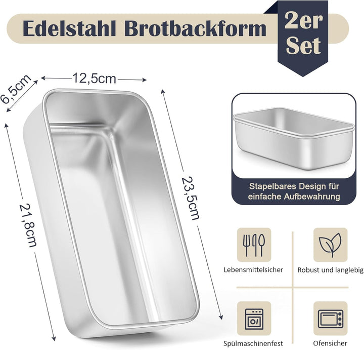 Onader Brotbackform 2er-Set, Edelstahl Rechteckig Toastbrot Backform Kastenform Perfekt für Brot und