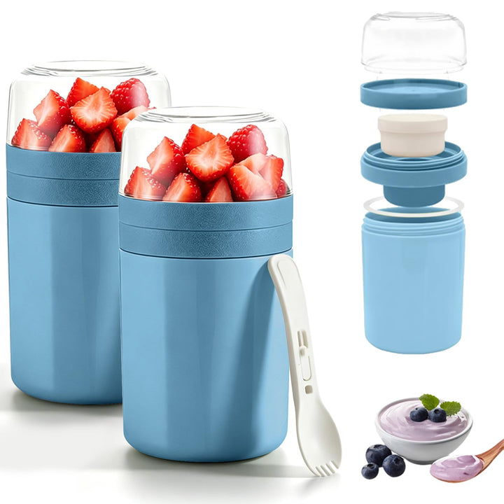 2 Stück Müslibecher To Go mit Löffel, Auslaufsicherer Joghurtbecher To Go 520ML+50ML+250ML, 3-Schich