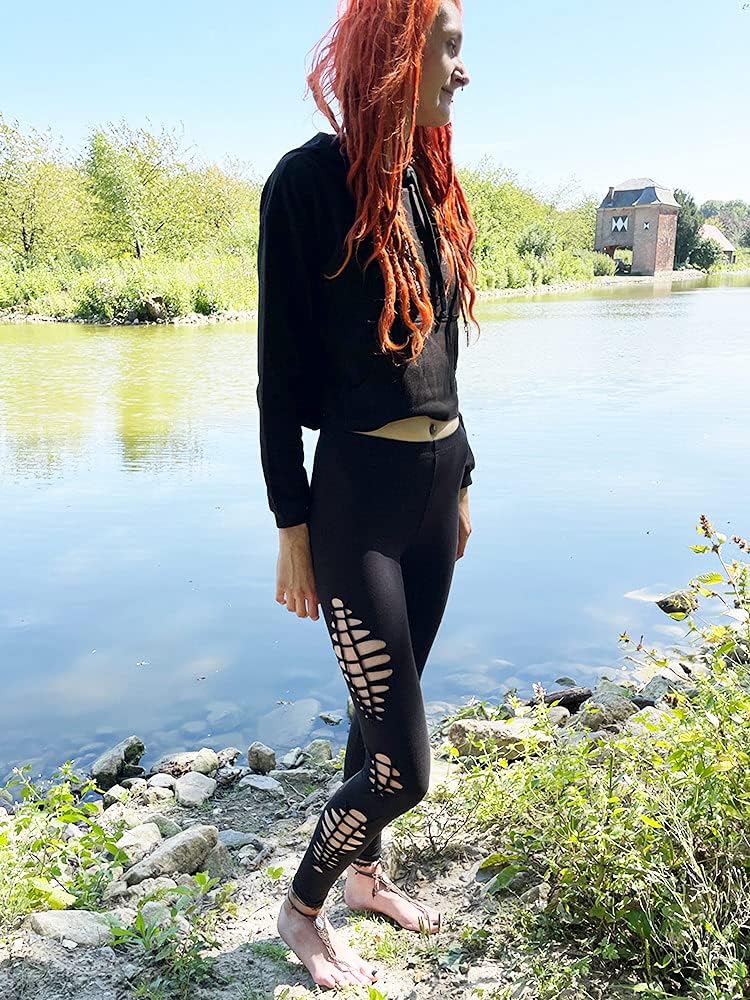 Cut Out Leggings mit 3 Mustern an jedem Bein Schlitzen Elfen Feen Goa Psychedelic Leggins (M), M