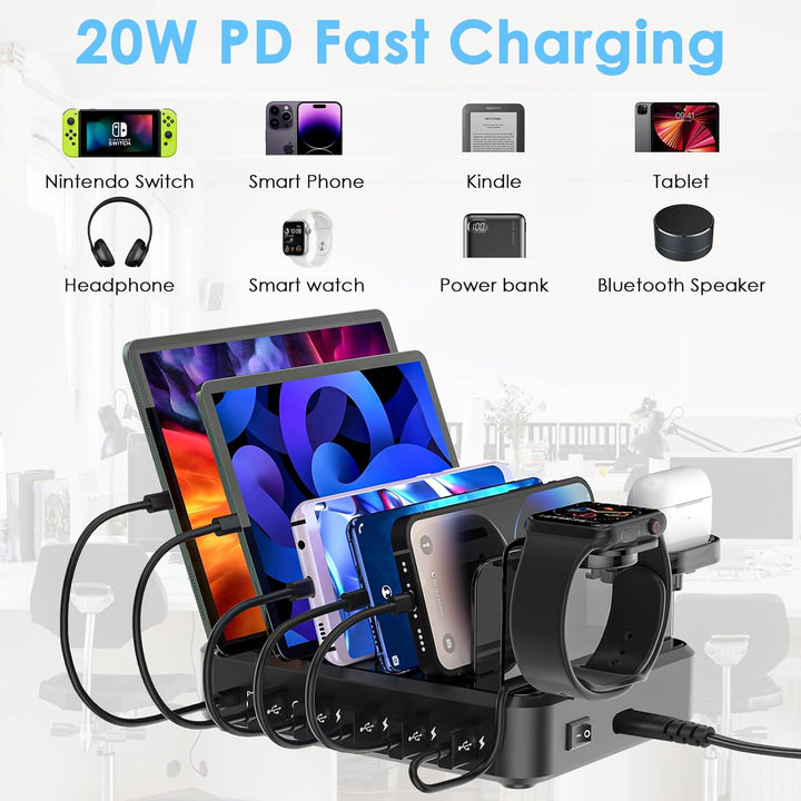 ZWOOS 68W/12A USB Ladestation mit 6 Anschlüssen und 20W PD Schnellladung für iPhone 14/13, 2-in-1 iW