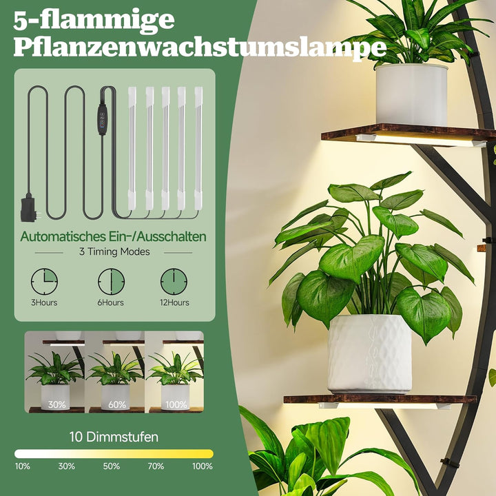 Pflanzenregal mit Wachstumslicht, 8-Etagen Blumenständer 165cm, 5-Kopf Pflanzenlampe aus Metall für