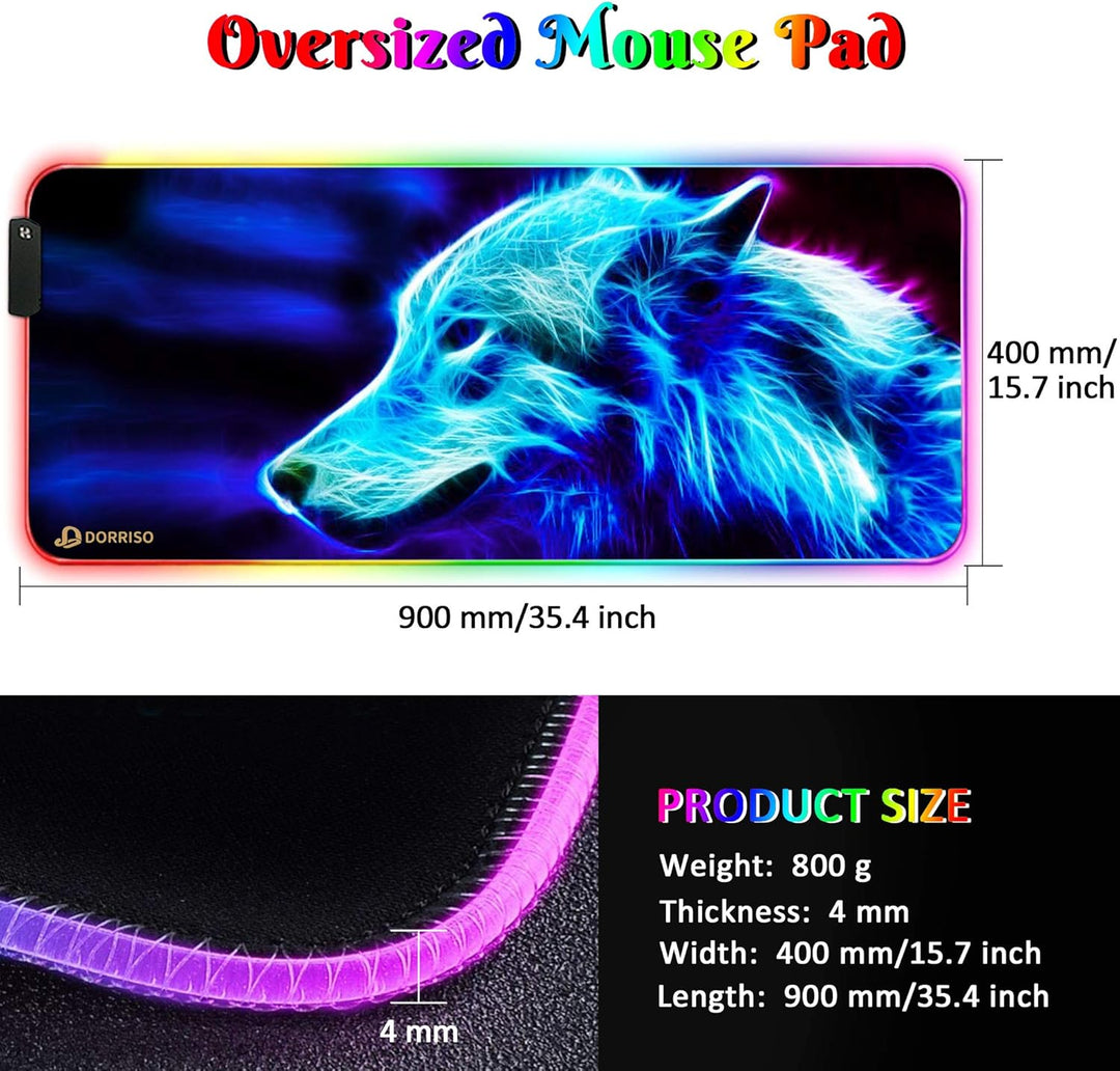 DORRISO RGB Gaming Mauspad 900x400x4 mm XXL Grosse Mousepad Fransenfreie Ränder Wasserdicht Tischunt