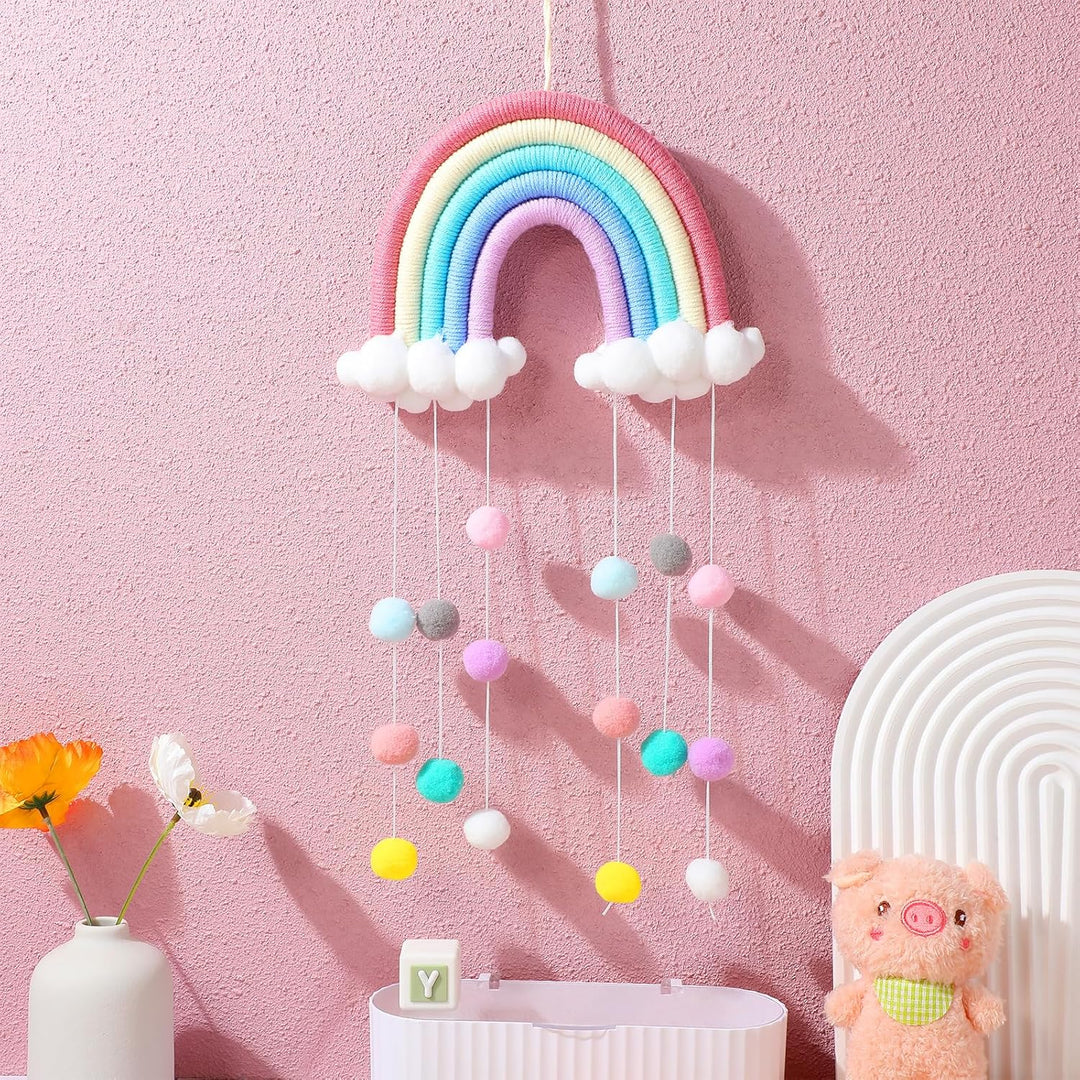 WINOMO Holz Baby Mobile Babybett Windspiele Hängende Wolken Regentropfen Makramee Regenbogen Boho Qu