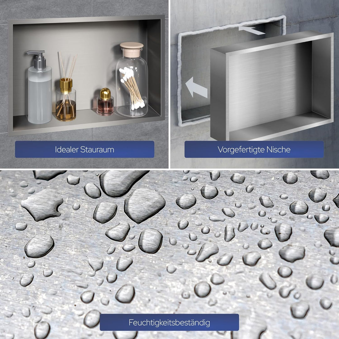 VILSTEIN Wandnische Dusche 30x30 cm - Randlose Duschnische - Silber - Einbauregal für Dusche im Aufp