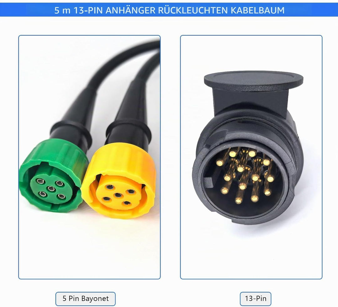 5 Meter 13-Polig Anhänger Rückleuchten Kabelbaum mit 5 Pin Bajonettverbinder, 12V 24V 13-pol Anhänge