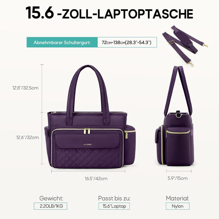 RAINSMORE Lehrertasche Damen Gross Laptoptasche, 15,6 Zoll, Lila | Arbeitstasche Isolierfach und Gro