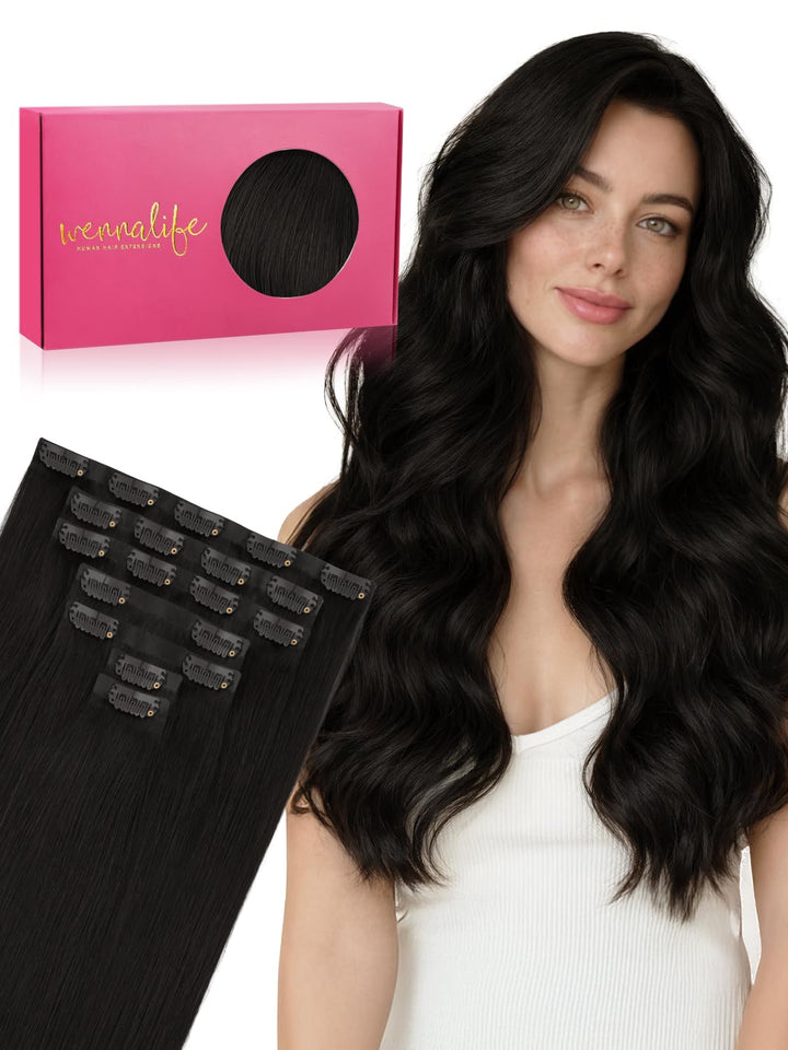 Nahtlose Clip In Extensions Echthaar, 50cm 7pcs 150g Natürliches Schwarz Echthaar Extensions Clip Re
