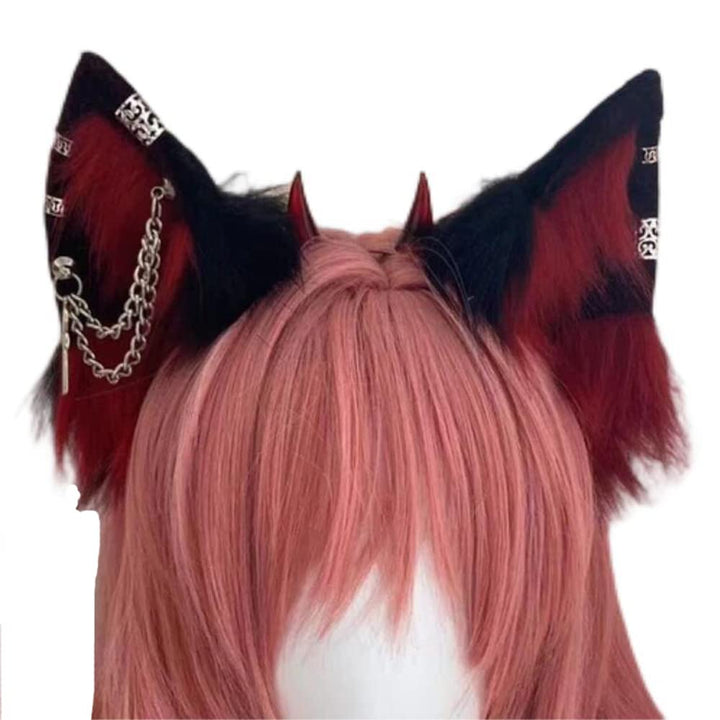 VIGVAN Handgemachte Wolf Fuchs Ohren Cosplay Kopf Zubehör Kawaii Haarband (Kette Schwarz Rot), Kette