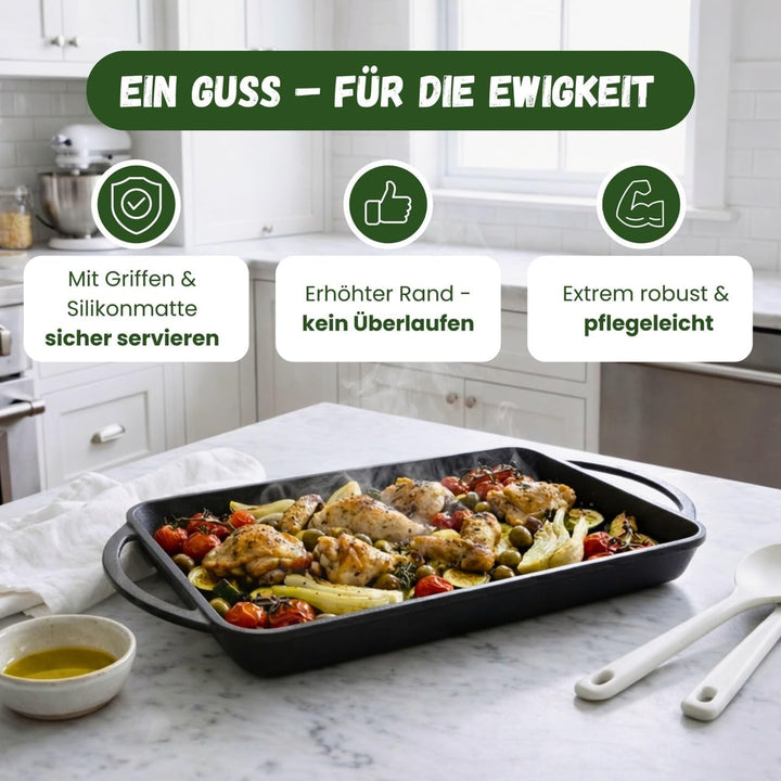 Grillplatte aus Gusseisen inkl. Silikonmatte - geeignet für Induktion, Gas, Ceran, Backofen, Grill u