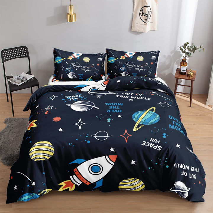 HOSIMA Universum Planet Rakete Bettwäsche 135x200 für Kinder, Jungen Teenager Bettbezug-Set für Einz
