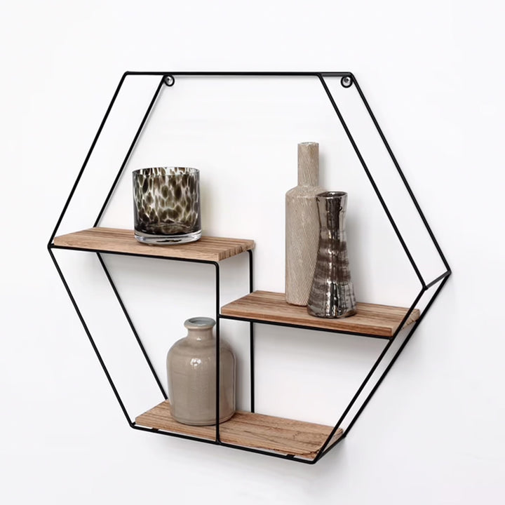 Vivol Metall Wandregal Schwarz mit 3 Holzböden - Sechseck - 48x55x10 cm - Hängend Metallregal - Wand