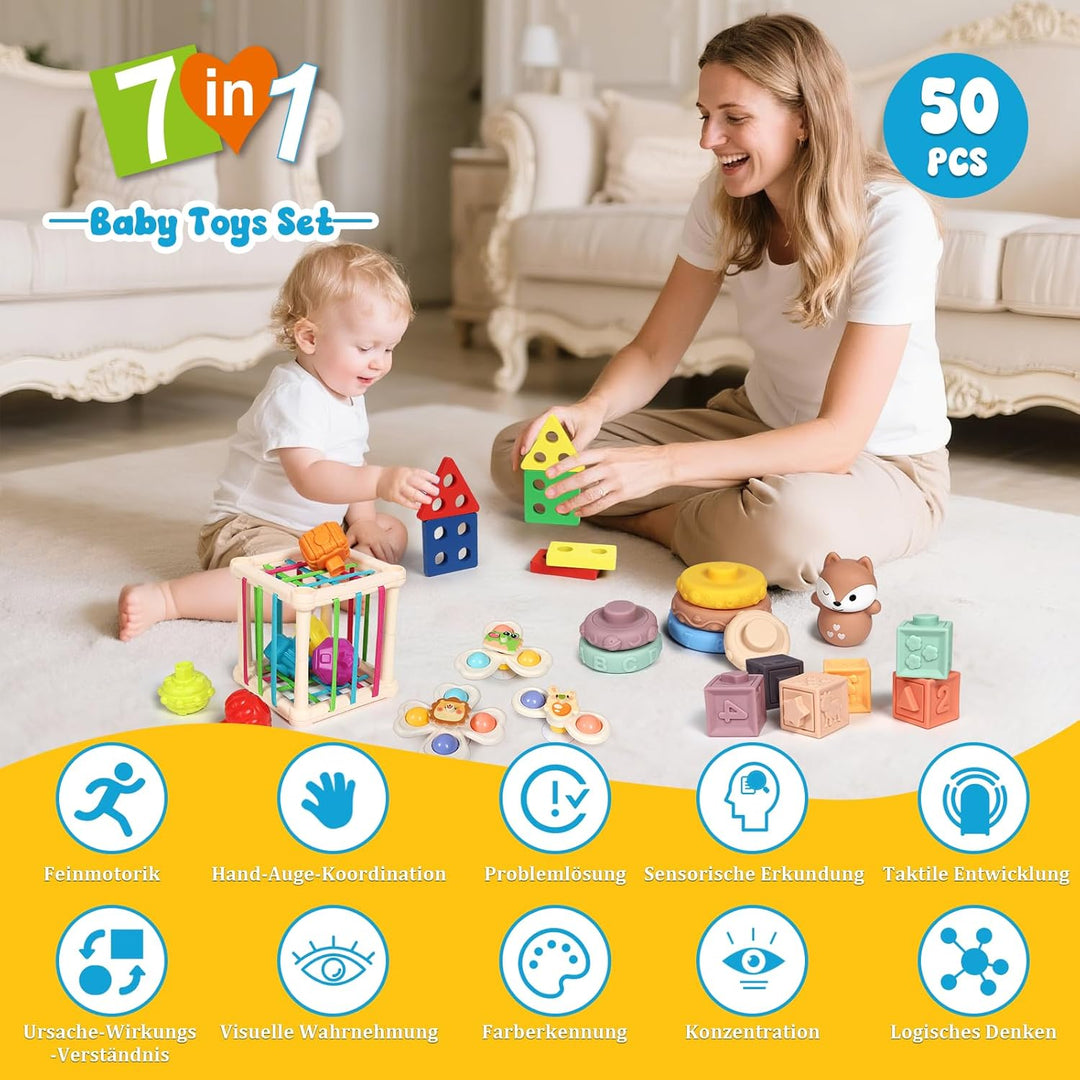 LearnToy Baby Spielzeug 6-18 Monate - Montessori 7-in-1 Aktivitätsset mit Stapelblöcken, Beissring &