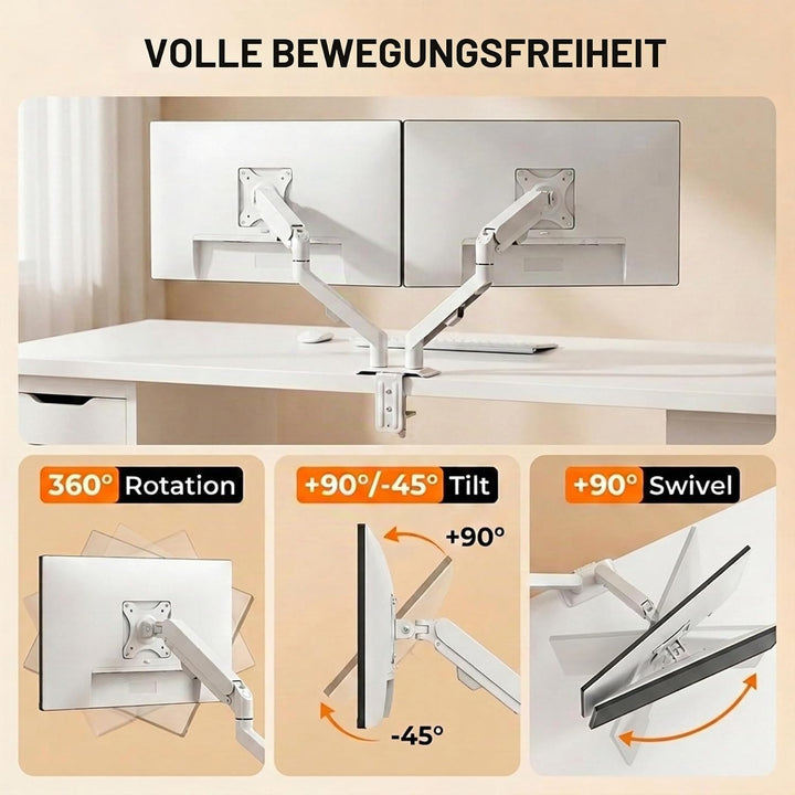 HILLPORT Weiss Monitor Arm Halterung 2 Monitore für 17 bis 30 Zoll Bildschirme, Bildschirmhalterung