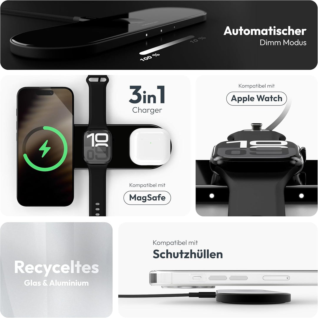 VONMÄHLEN Aura Home - Wireless Charging Pad - 3in1 Schnellladegerät, Magnetisches Multi-Gerät-Ladepa