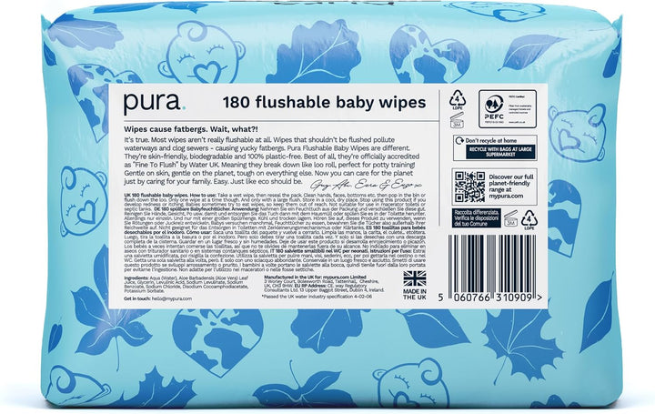 Pura Spülbare Öko-Baby-Feuchttücher für empfindliche Babyhaut, 180 Tücher (3 x 60 Tücher), 99% Wasse